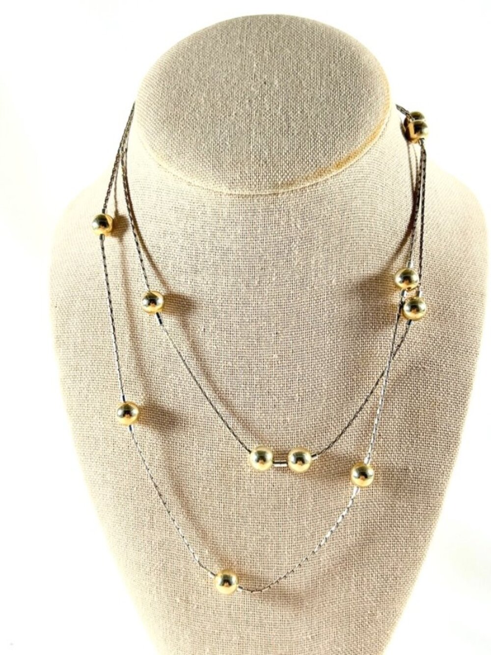 Necklace STERLING SILVER 34” W/13 Floating Gold Tone Ball Beads